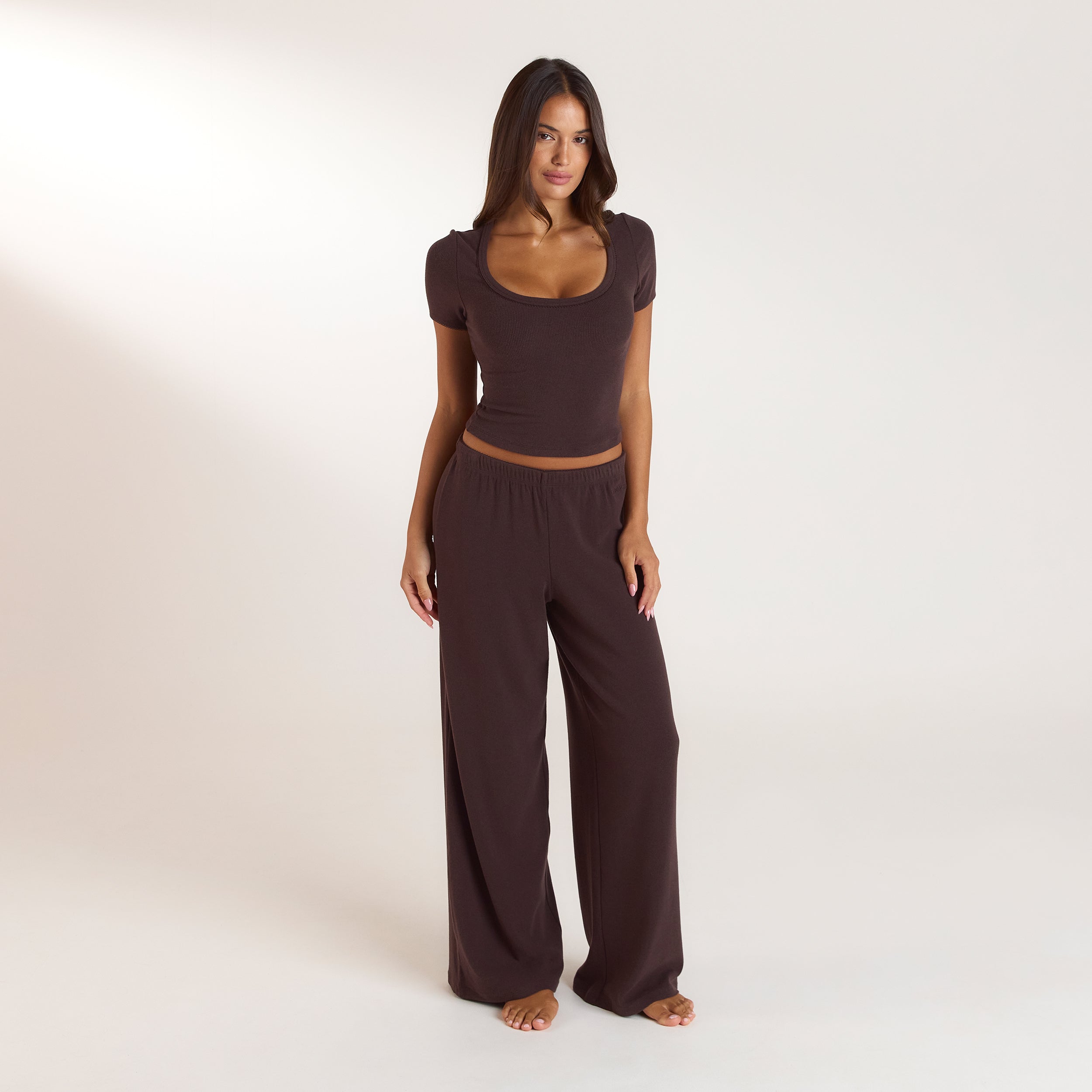 Ribbed Short-Sleeve Pyjama Top - Dark Chocolate alternate