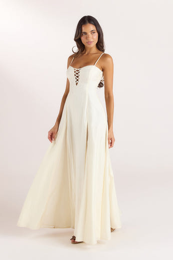Embroidered Lace-Up Maxi Dress - Buttercream