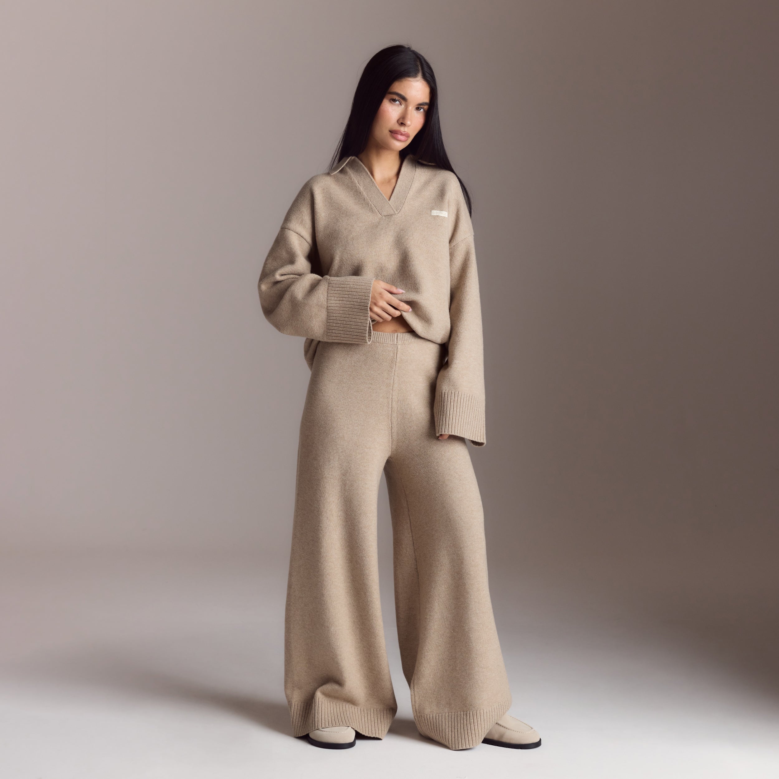 Ribbed Hem Knitted Trousers - Mink