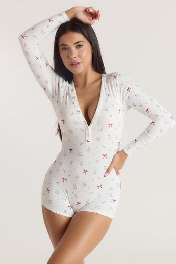Mistletoe Ribbed Romper - Bow Print