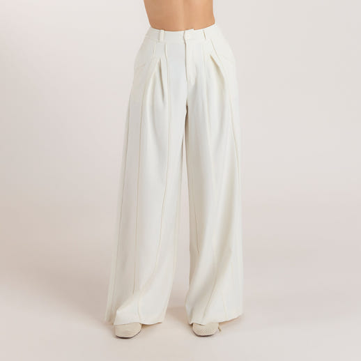 Wide-Leg Pleat Detail Trousers - Off White