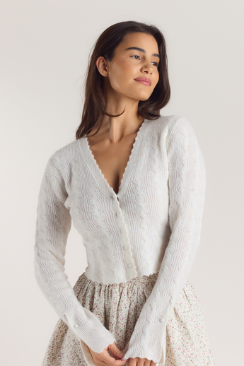 Fluted Sleeve Knitted Cardigan - Cream
