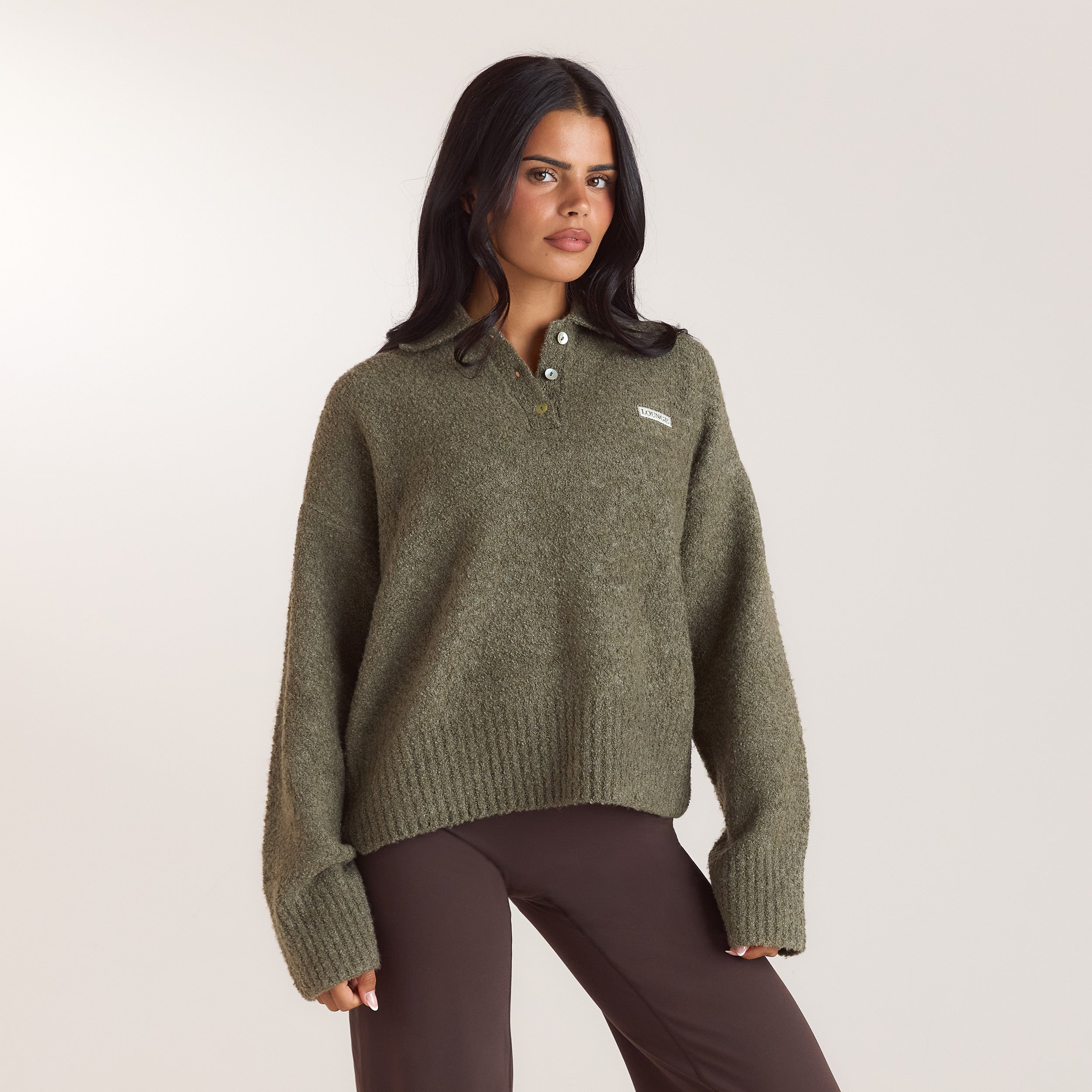 Bouclé Knitted Polo Jumper | Bouclé Knitted Polo Jumper - Khaki