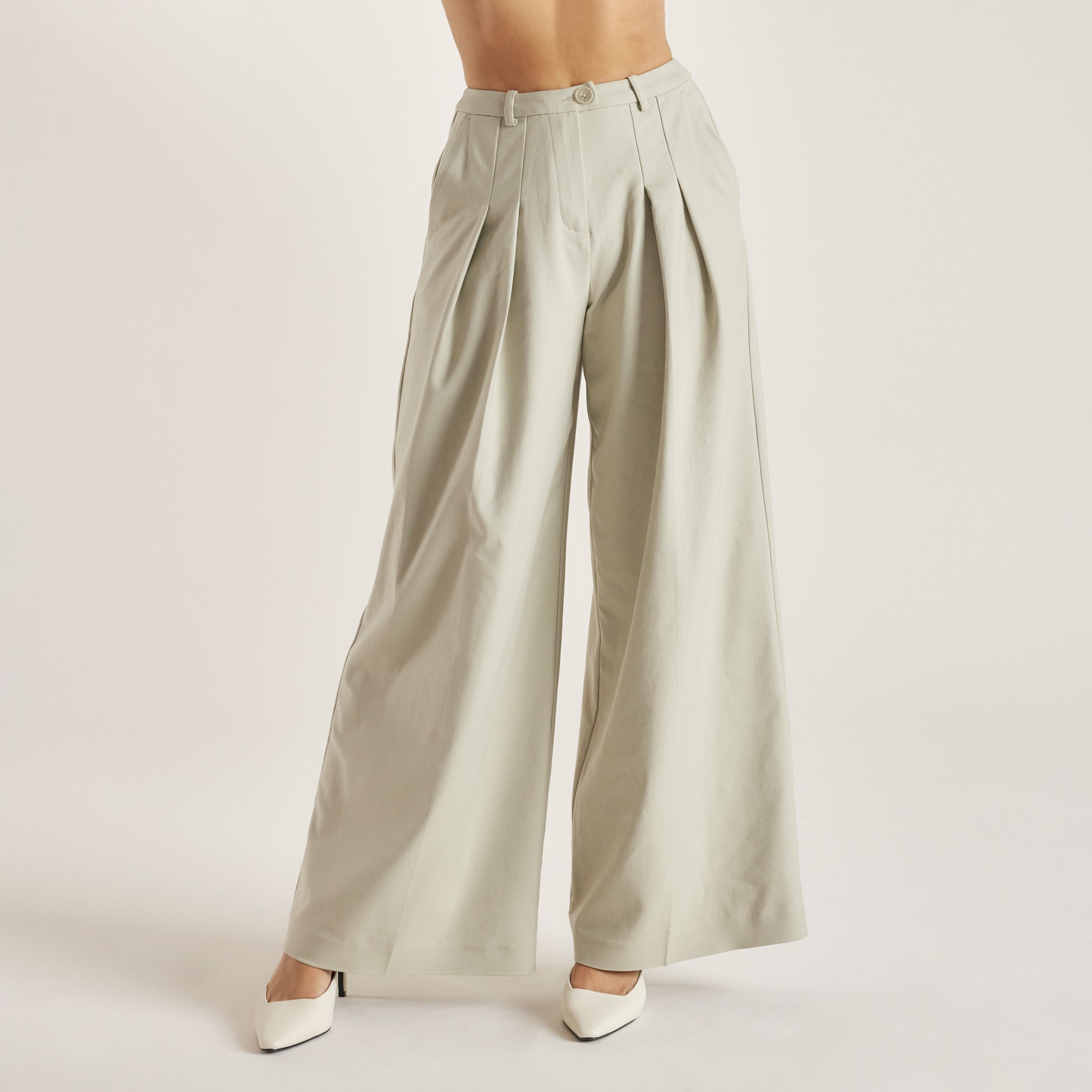 Woven Wide-Leg Trousers - Sage