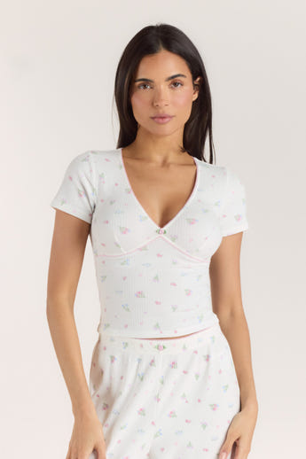Ribbed Short-Sleeve Pyjama Top - White Floral