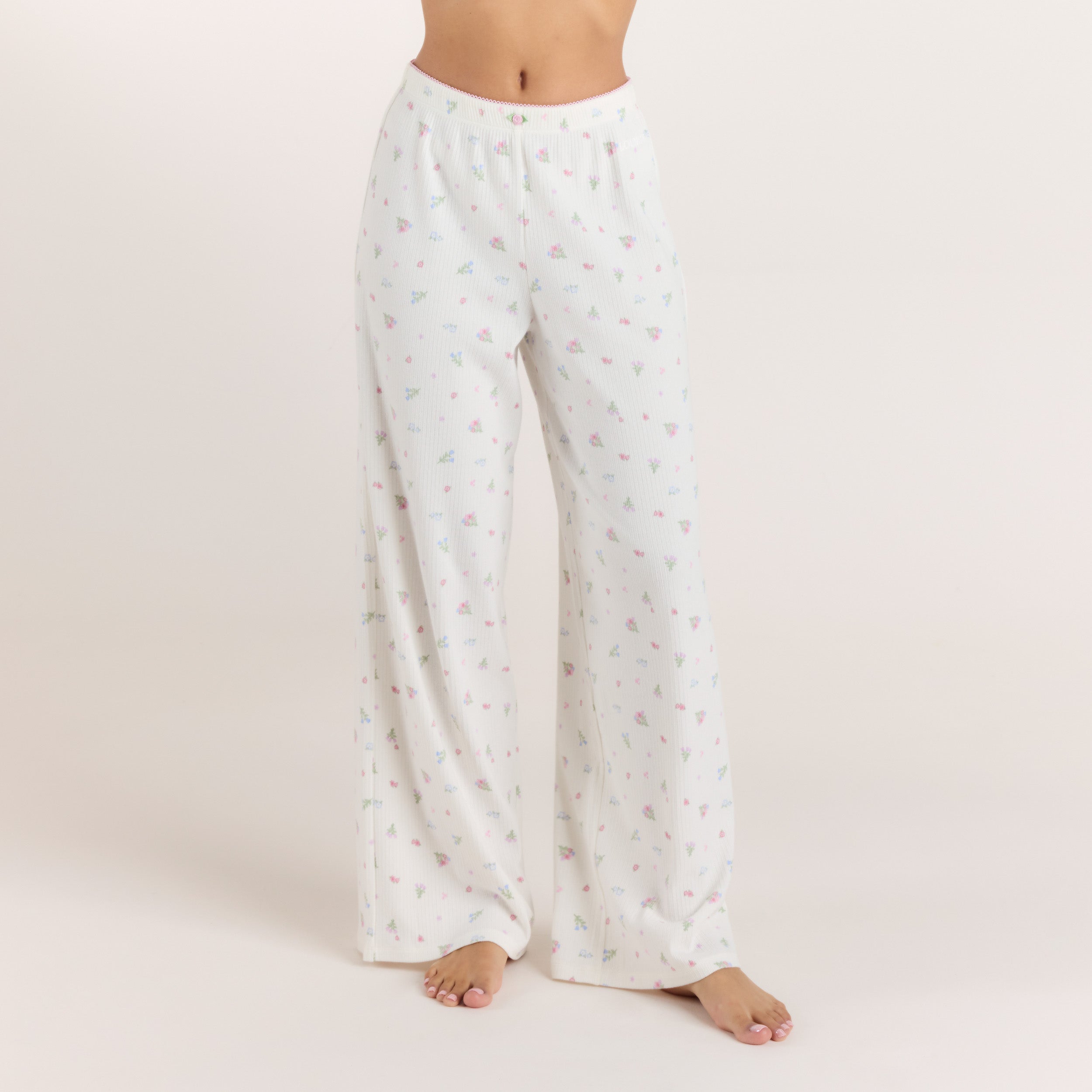 Ribbed Pyjama Bottoms - White Floral