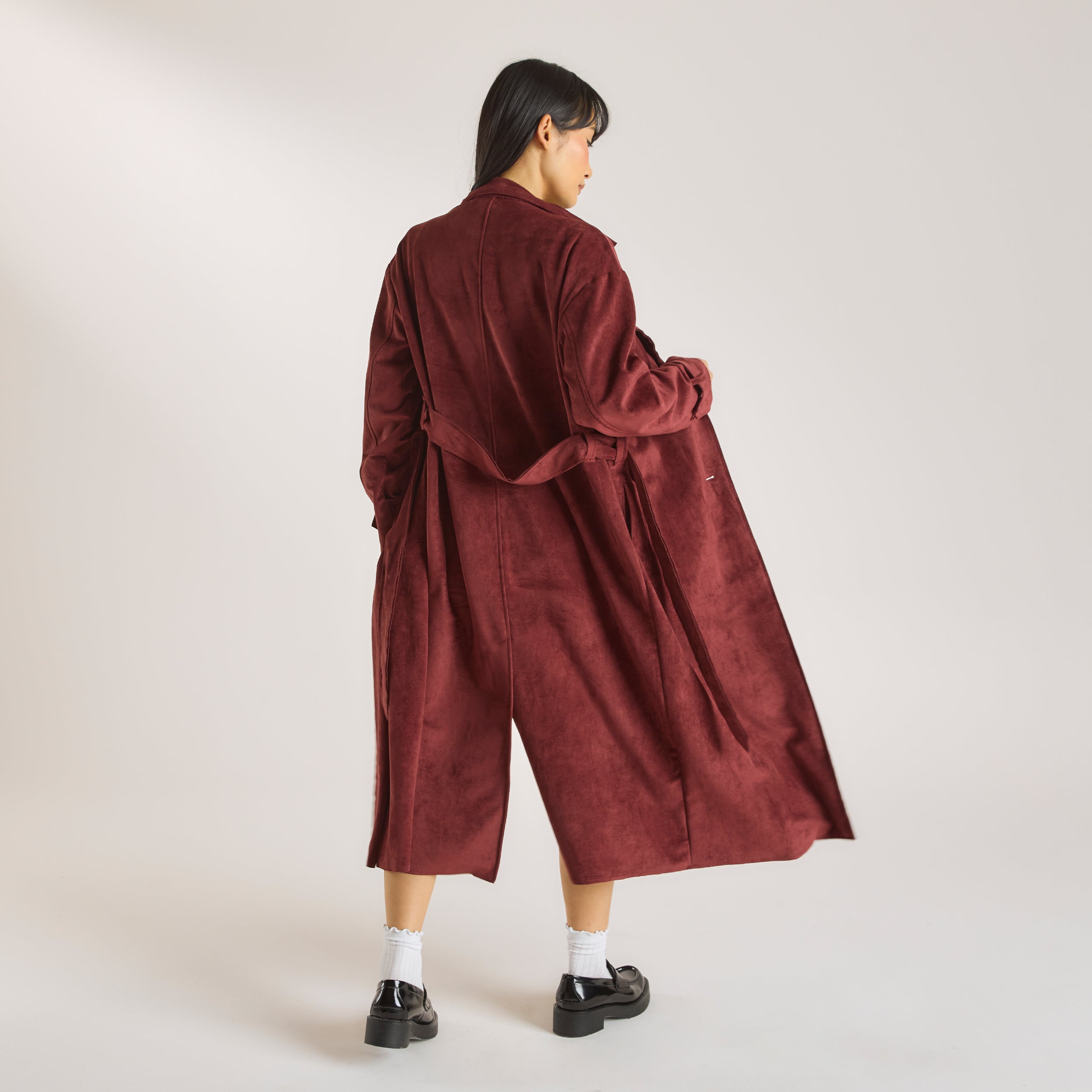 Suedette Trench Coat | Suedette Trench Coat - Burgundy