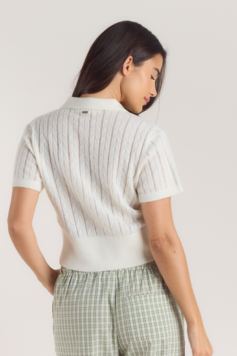 Sheer Knitted Polo Top - Cream alternate