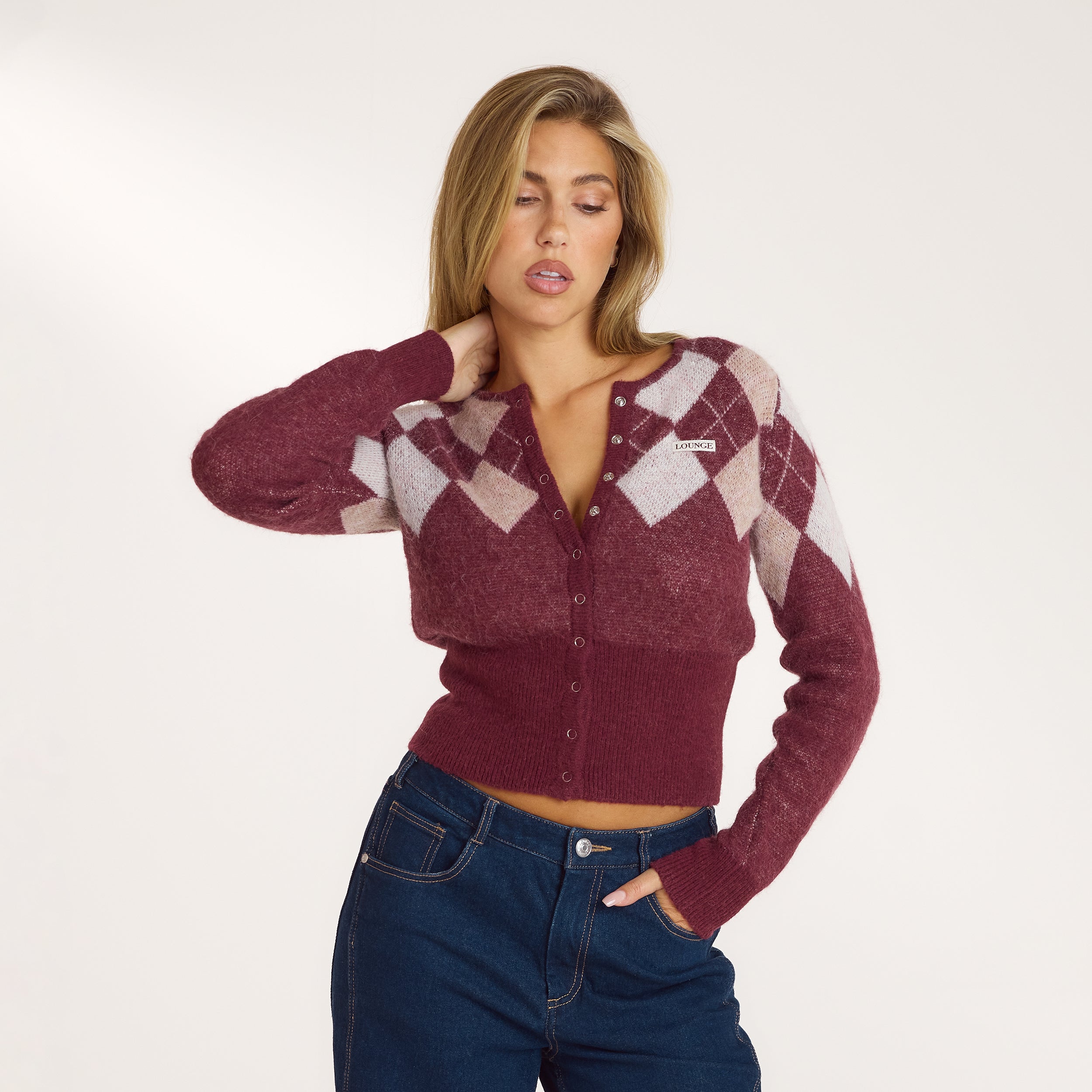 Argyle Wool Blend Cardigan | Argyle Wool Blend Cardigan - Cherry Lacquer