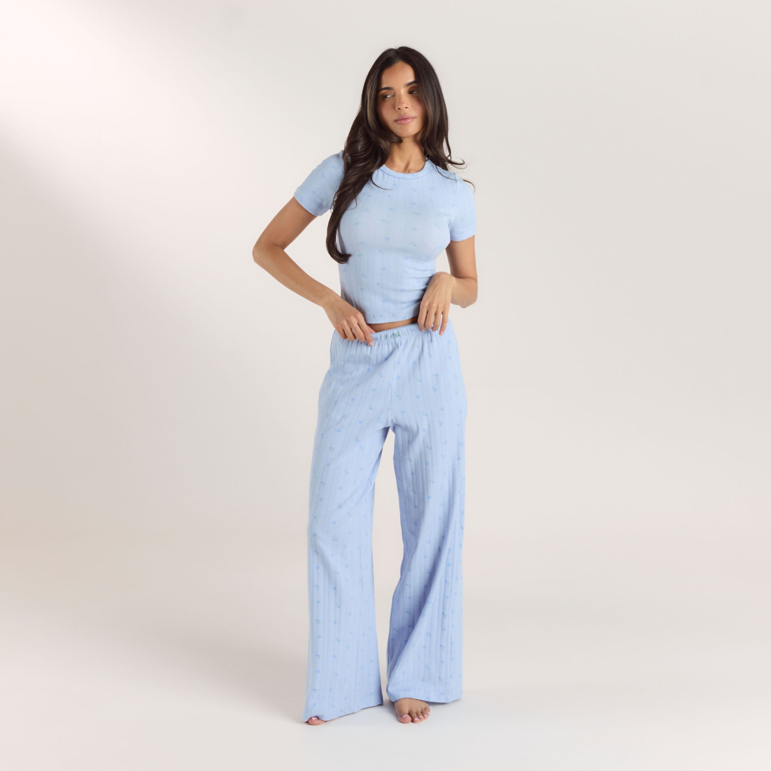 Pointelle Fitted Pyjama Top | Pointelle Fitted Pyjama Top - Blue Floral