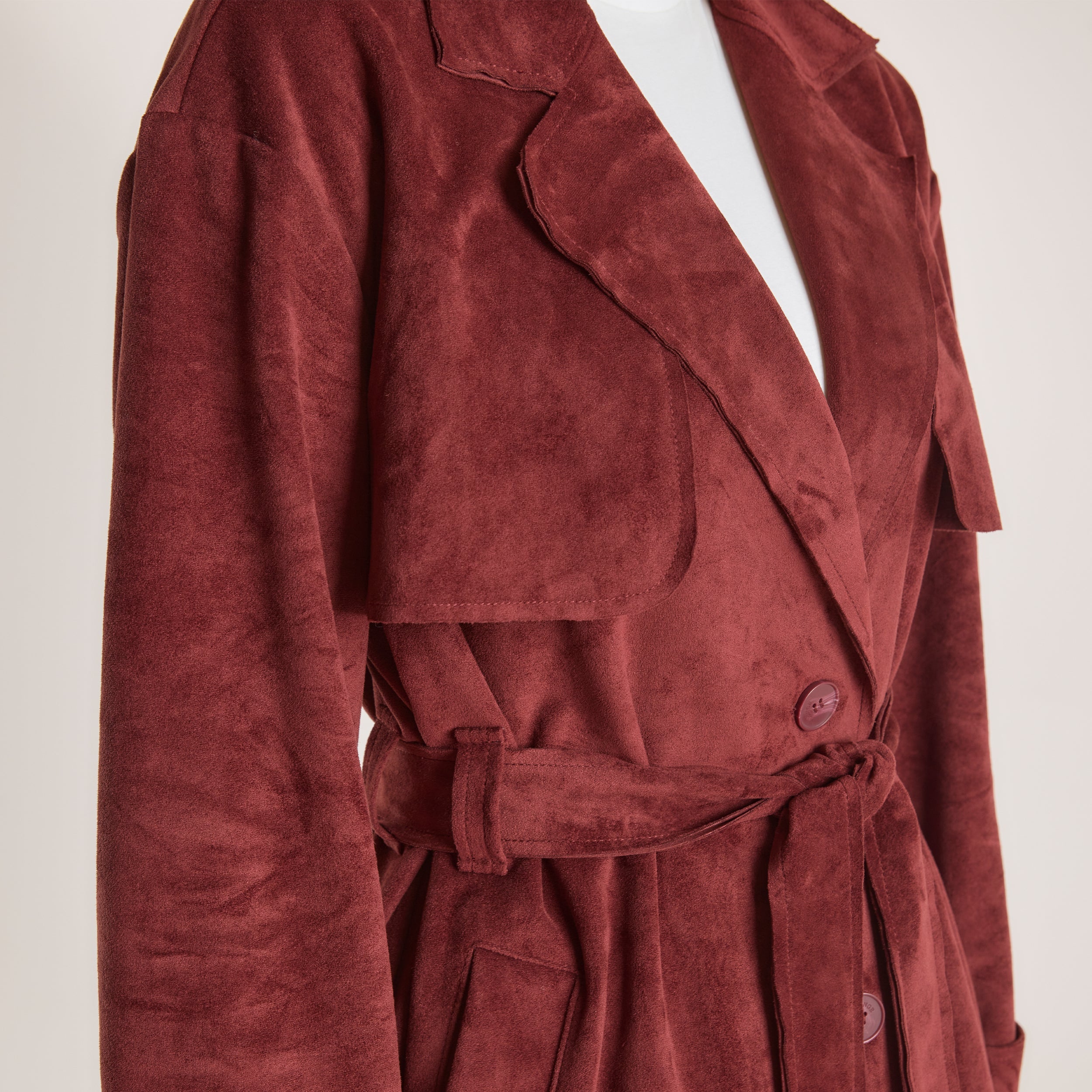 Suedette Trench Coat | Suedette Trench Coat - Burgundy