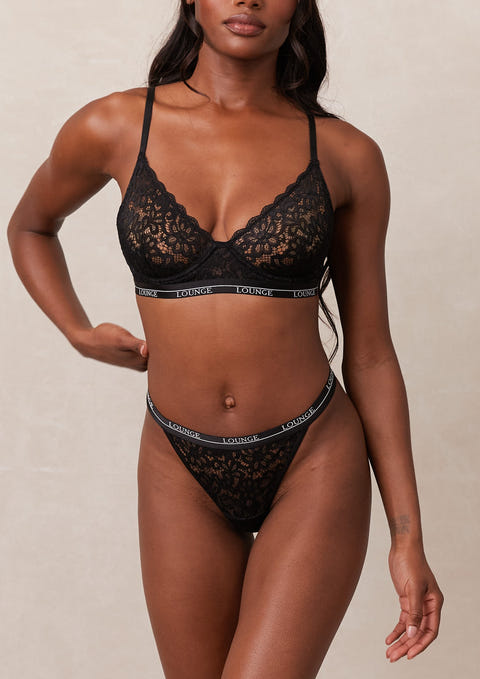 Lace Lingerie set of Balconette bra and Thong in Black - Lida
