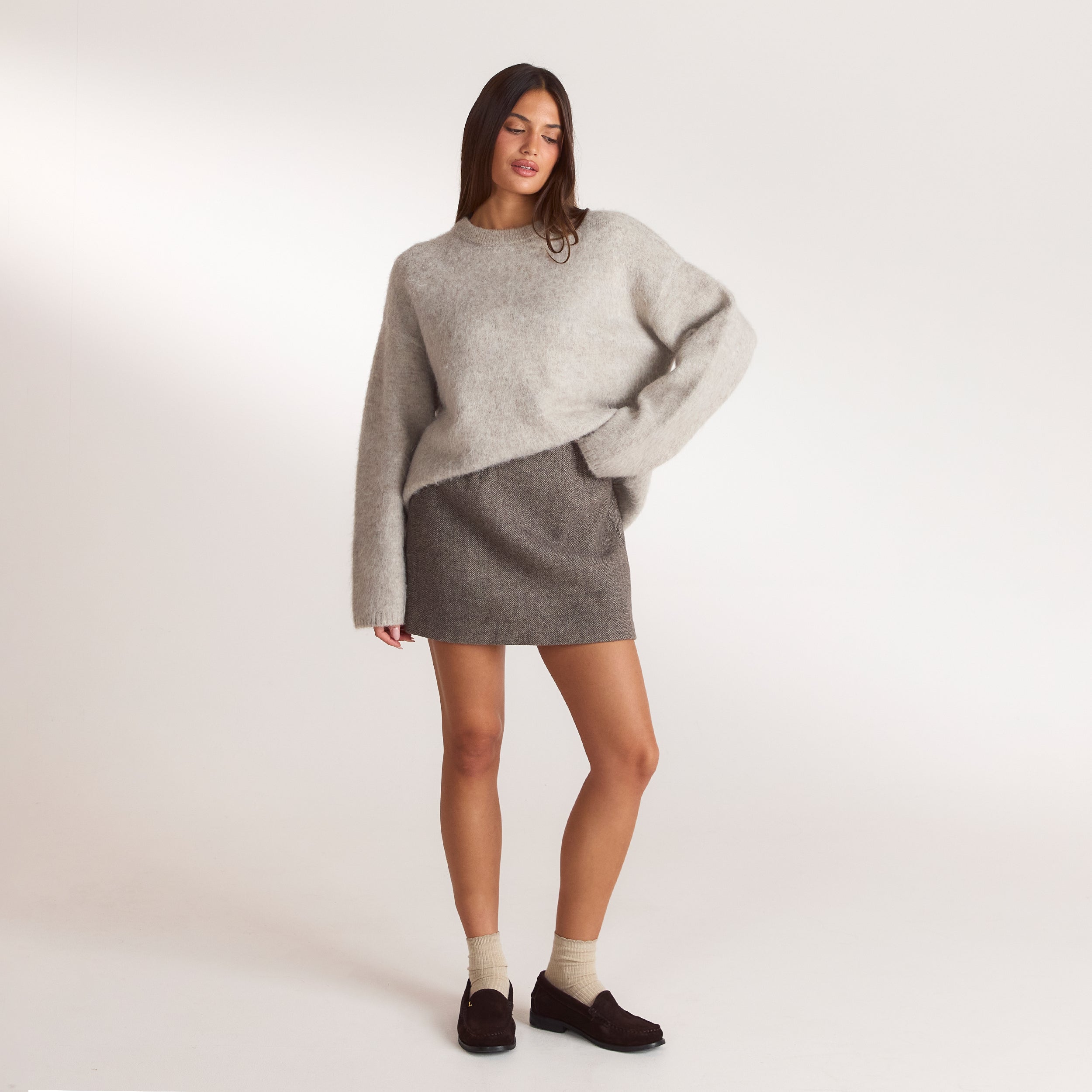 Herringbone A-Line Mini Skirt | Herringbone A-Line Mini Skirt - Brown