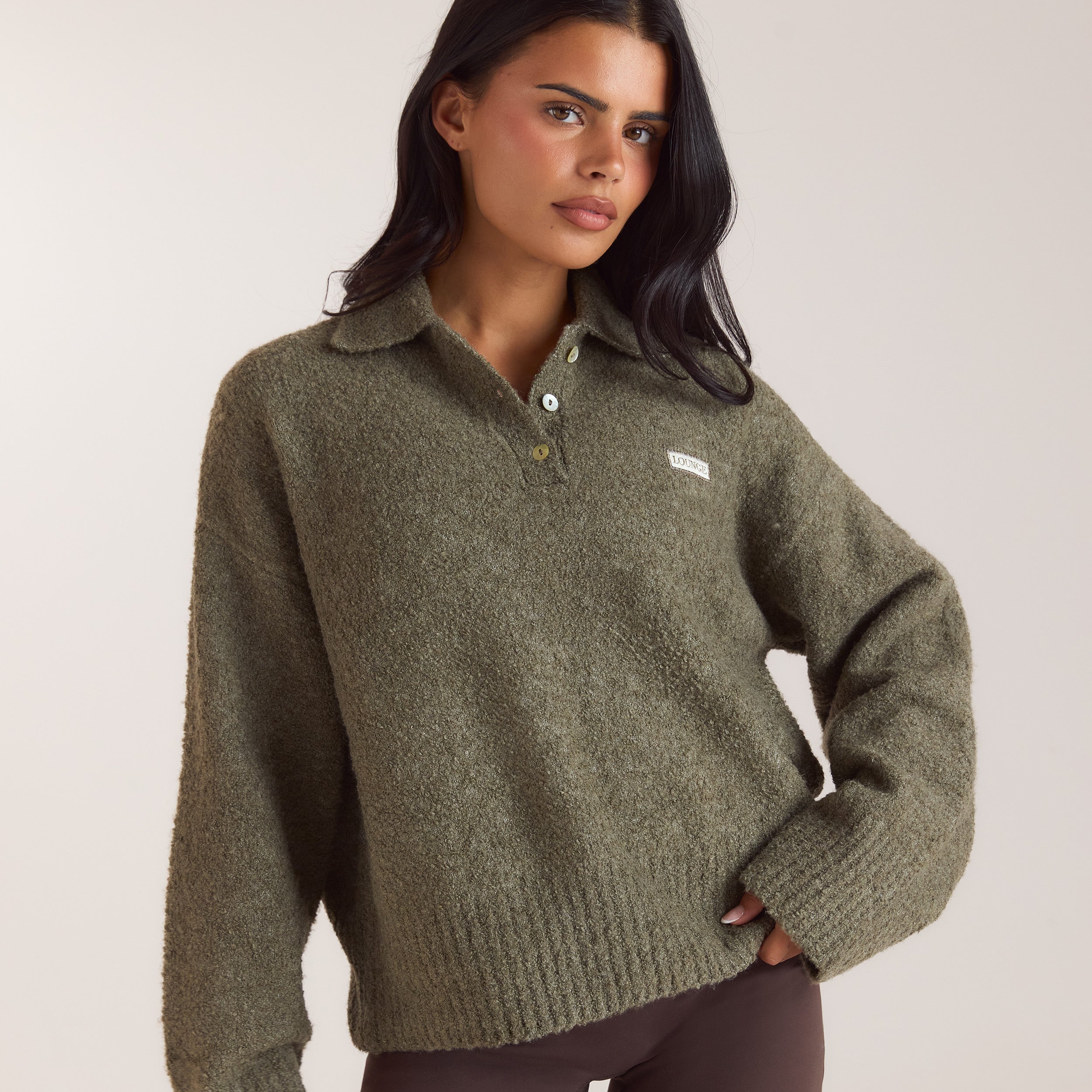Bouclé Knitted Polo Jumper | Bouclé Knitted Polo Jumper - Khaki