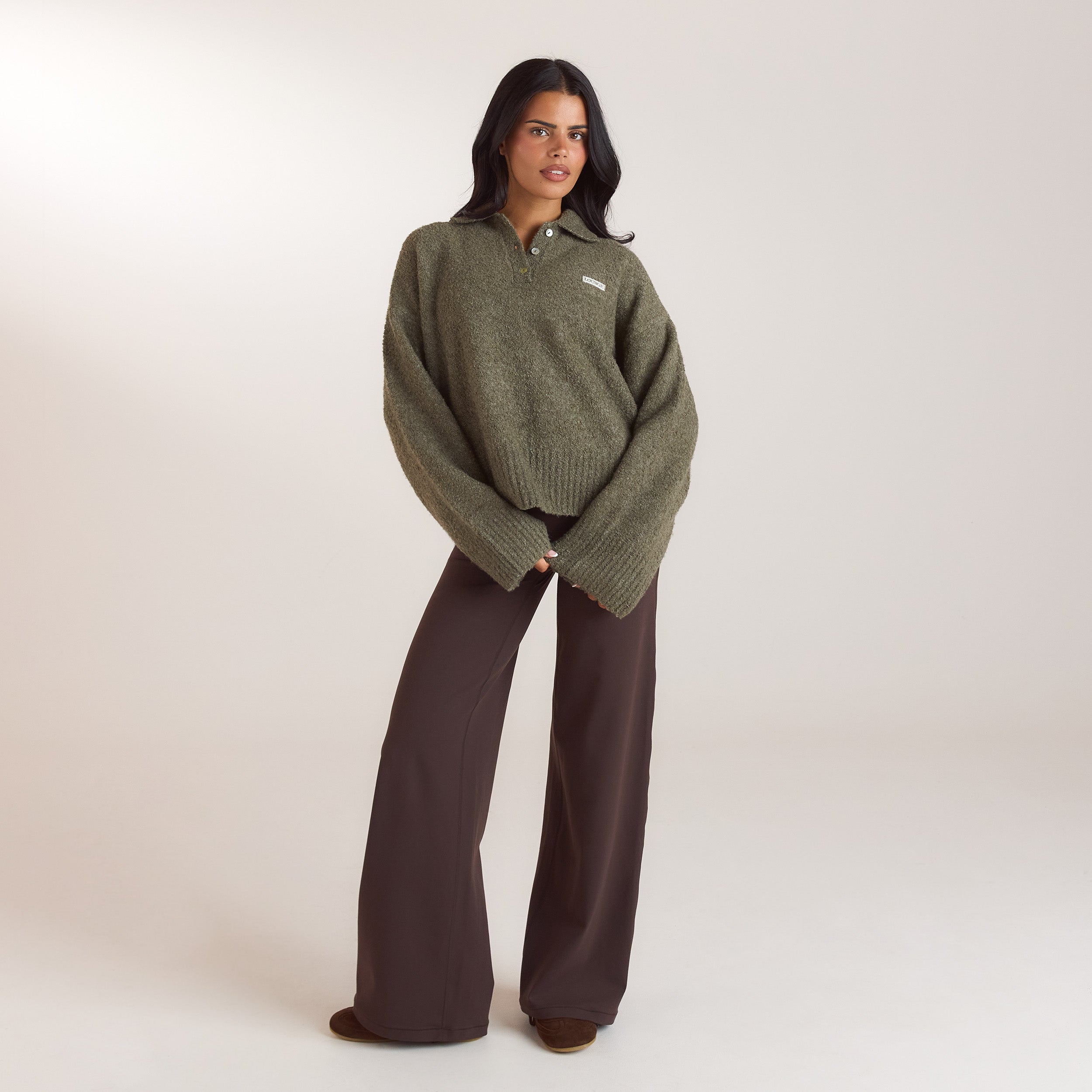 Bouclé Knitted Polo Jumper | Bouclé Knitted Polo Jumper - Khaki