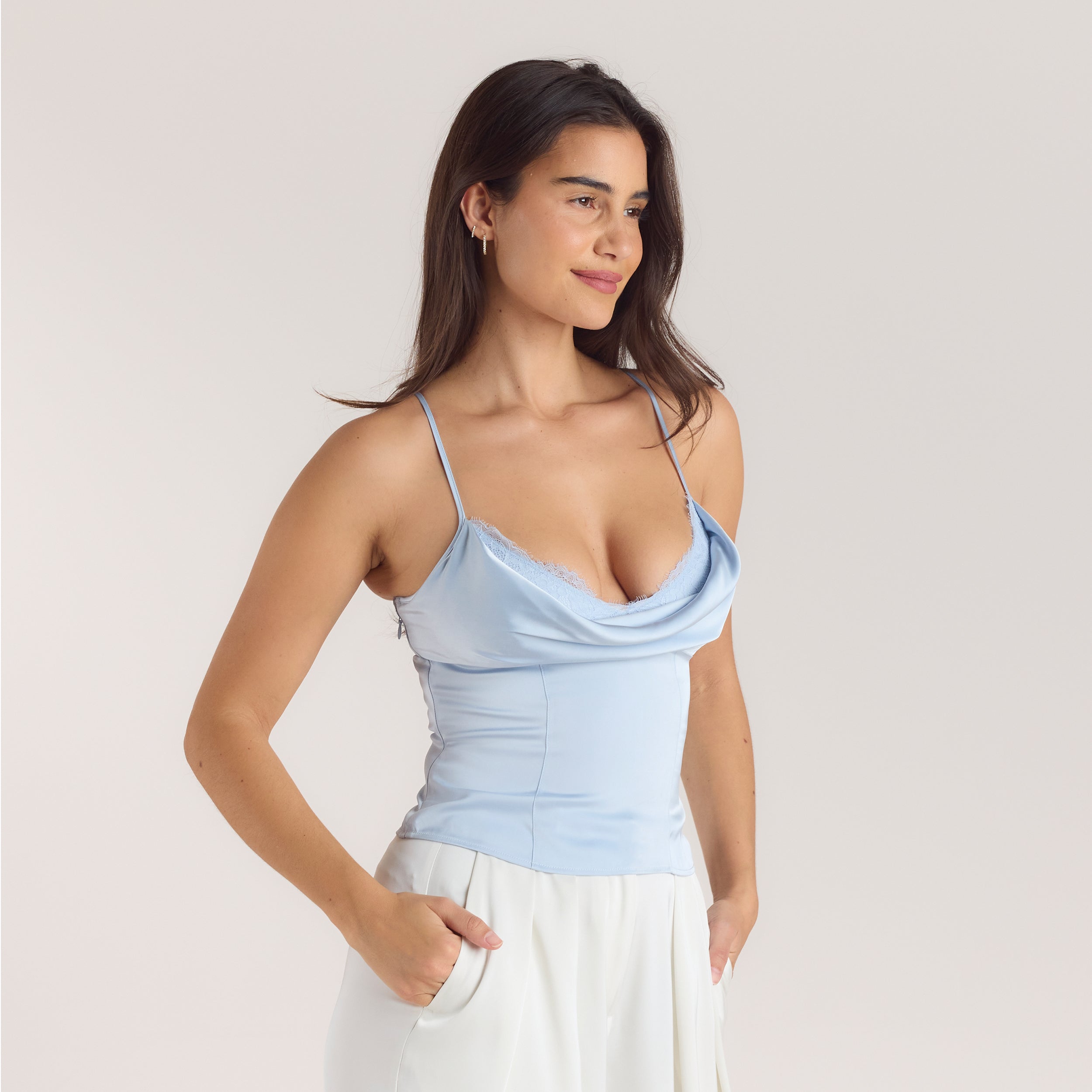 Satin Cowl Neck Cami Top | Satin Cowl Neck Cami Top - Blue