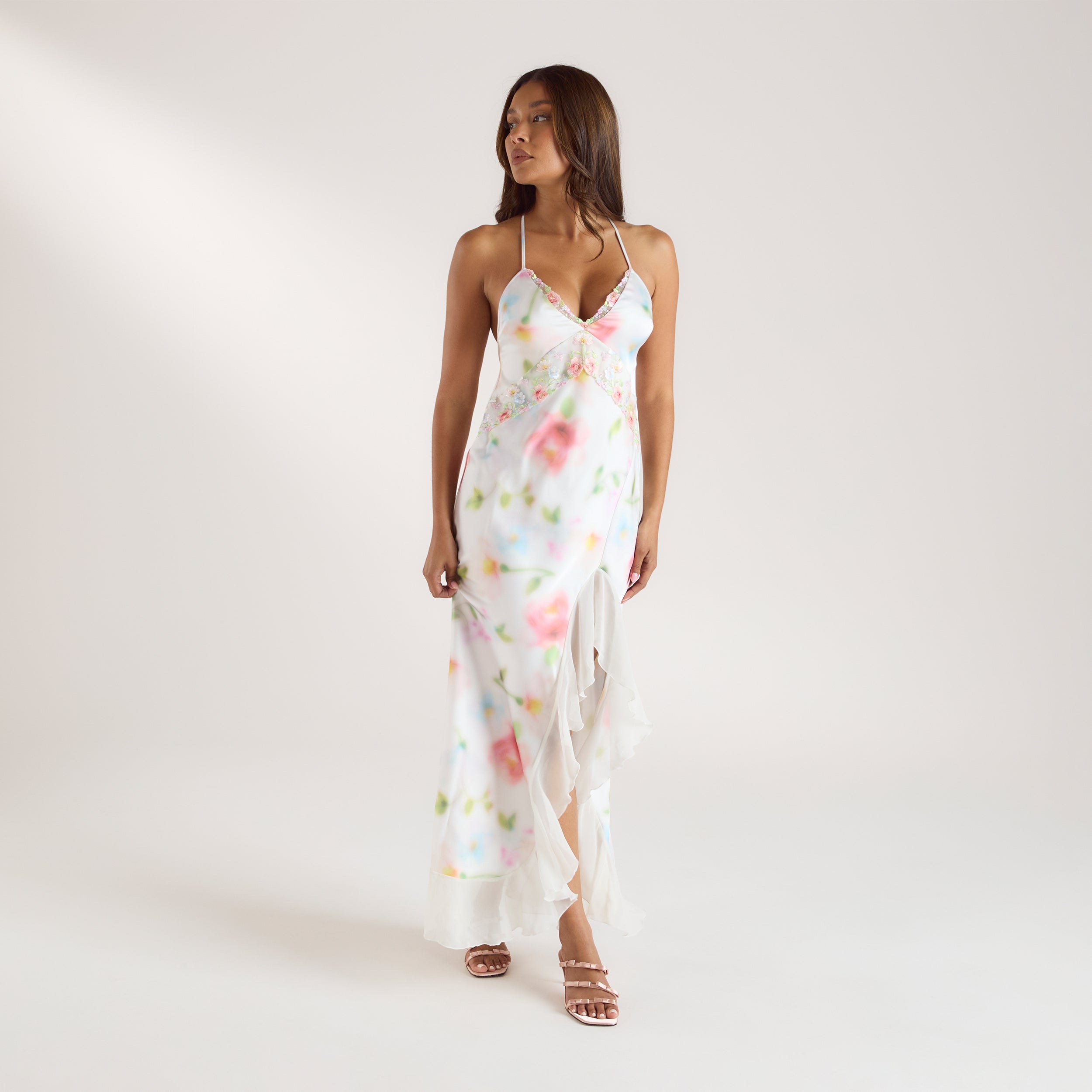Aurora Printed Satin Maxi Dress | Aurora Printed Satin Maxi Dress - Floral Print