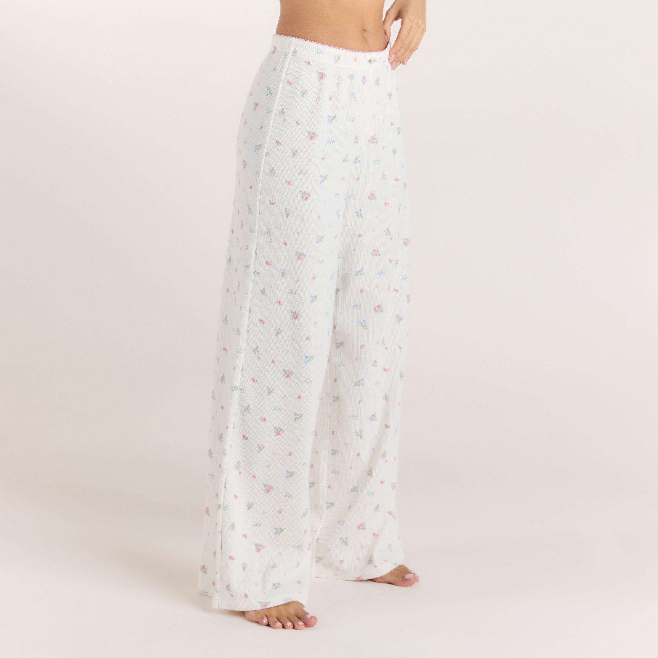 Ribbed Pyjama Bottoms | Ribbed Pyjama Bottoms - White Floral
